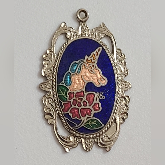 Vintage Jewelry - Vintage unicorn cloisonne necklace pendant flowers silver vtg estate euc